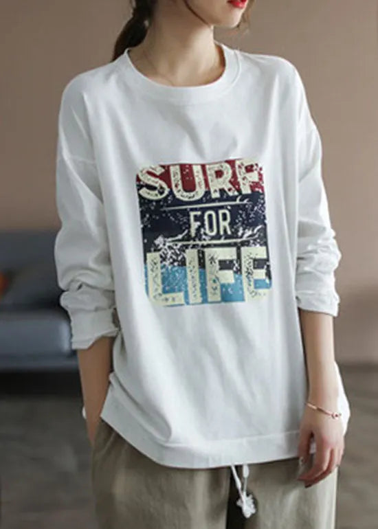 Italian White O-neck Print Cotton Sweatshirt Long Sleeve
