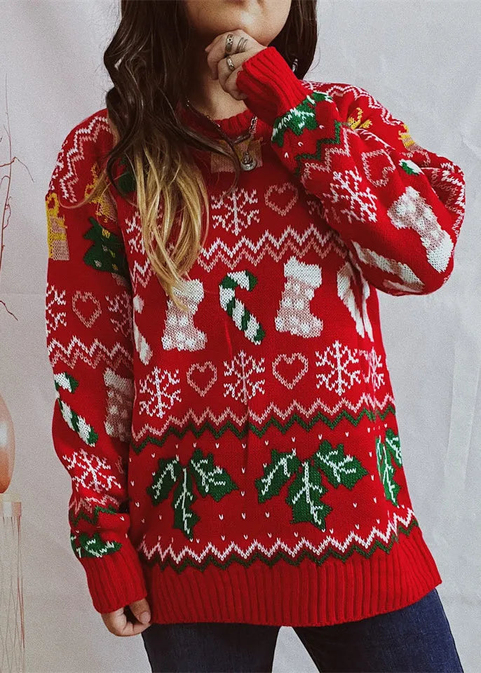 Stylish Red O Neck Jacquard Thick Christmas Knitted Sweaters Winter