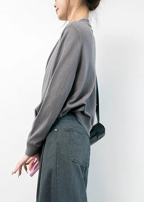 Grey O Neck Button Cotton Knit Coats Long Sleeve