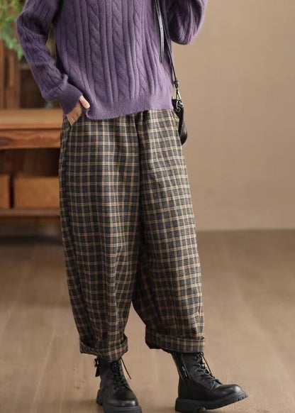 Pockets Plaid Elastic Waist Warm Fleece Trousers Spring