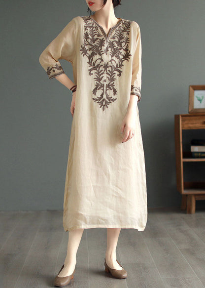 Khaki V Neck Embroidered Patchwork Linen Dress Summer
