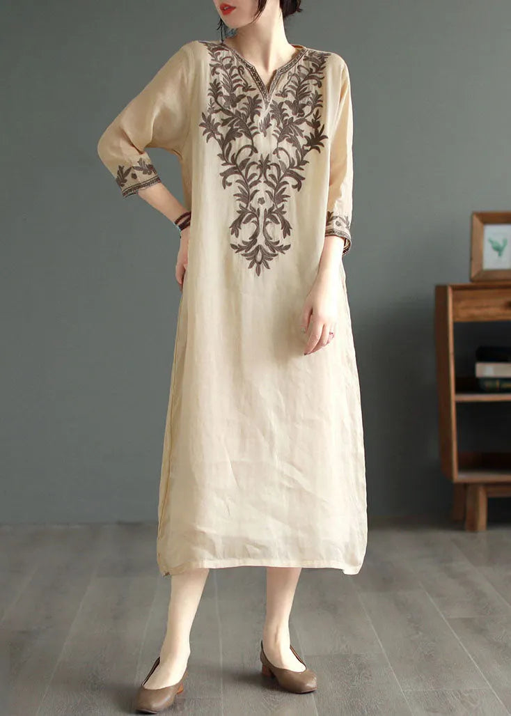Khaki V Neck Embroidered Patchwork Linen Dress Summer
