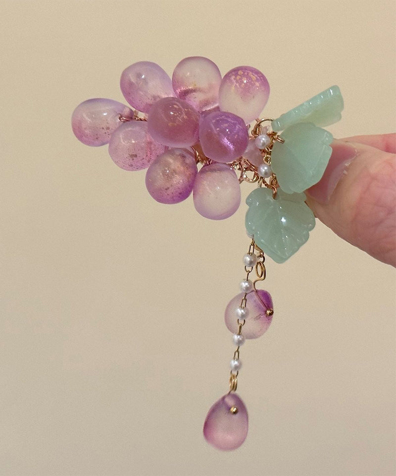 Purple Copper Overgild Crystal Grape Pearl Colored Glaze Tassel a Pair Hairpin