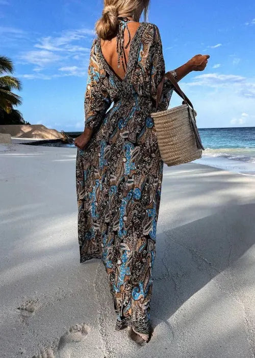 Purple V Neck Print Wrinkled Cotton Maxi Dresses Summer