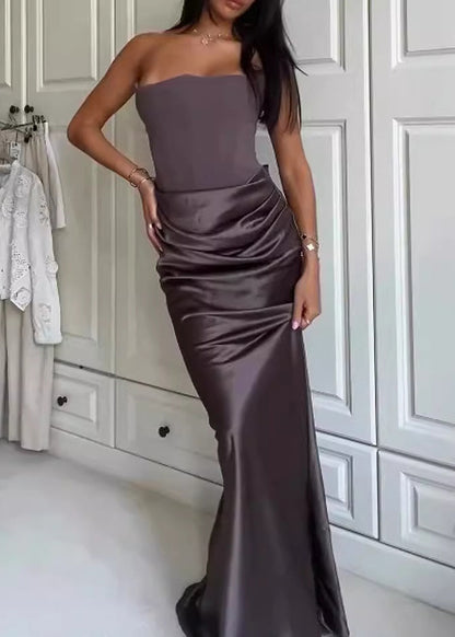 Stylish Brown Cold Shoulder Patchwork Silk Maxi Dress Sleeveless