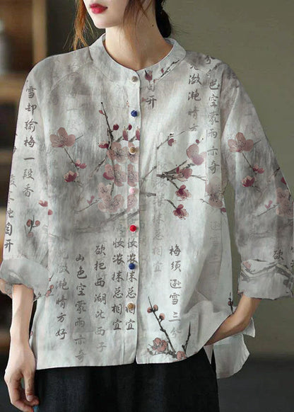 Modern Gray Text Loose Patchwork Pockets Fall Long Sleeve Blouse Top