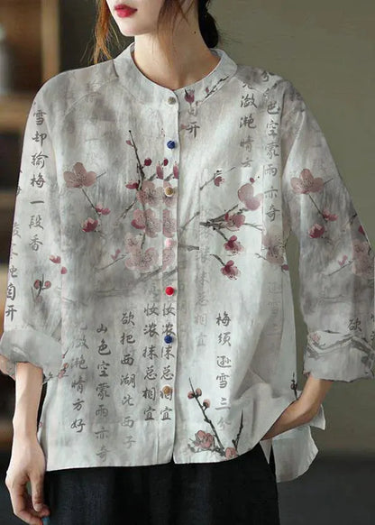 Modern Gray Crane Loose Patchwork Pockets Fall Long Sleeve Blouse Top