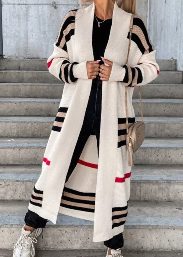 Grey V Neck Striped Knit Cardigan Fall