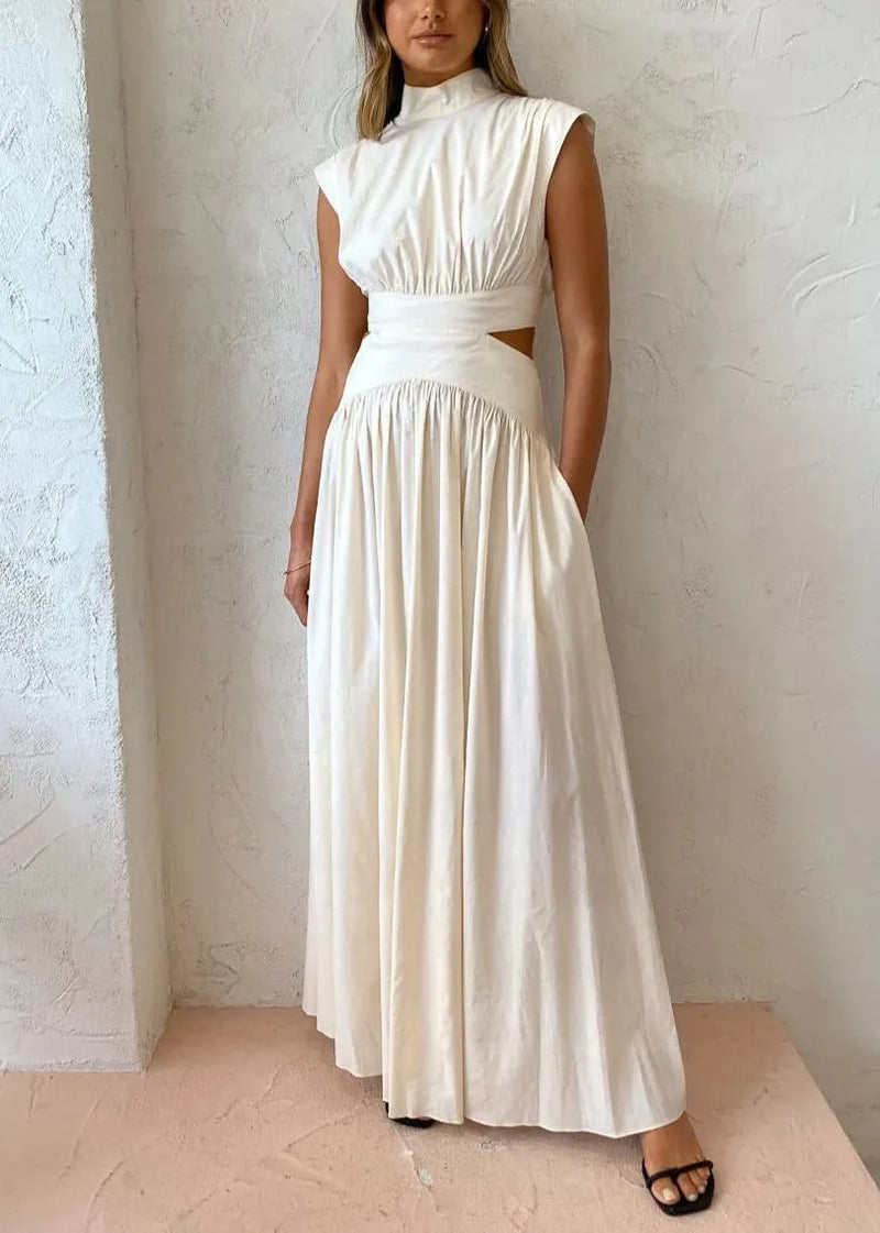 New White Hollow Out Wrinkled Pockets Cotton Maxi Dresses Summer