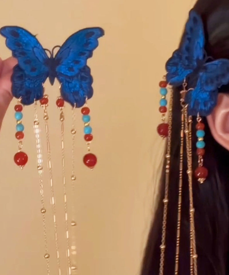 Blue Sterling Silver Overgild Butterfly Tassel Hairpin