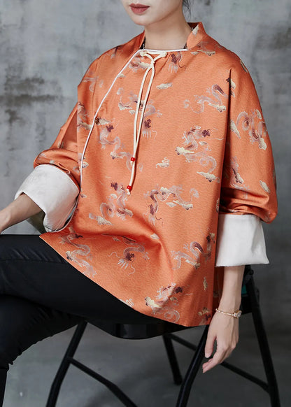 Orange Tasseled Print Side Open Silk Oriental Coats Fall