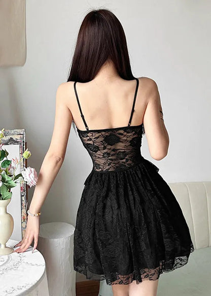 Vogue Black Square Collar Sheer Lace Mid Dresses Sleeveless