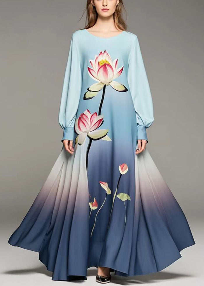 Gradient Color Lotus Print Chiffon Dress Fall