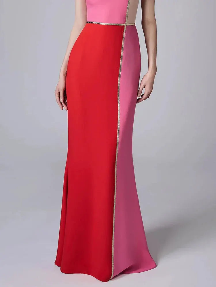 Color Block Sleeveless Bodycon Mermaid Hem Maxi Dress