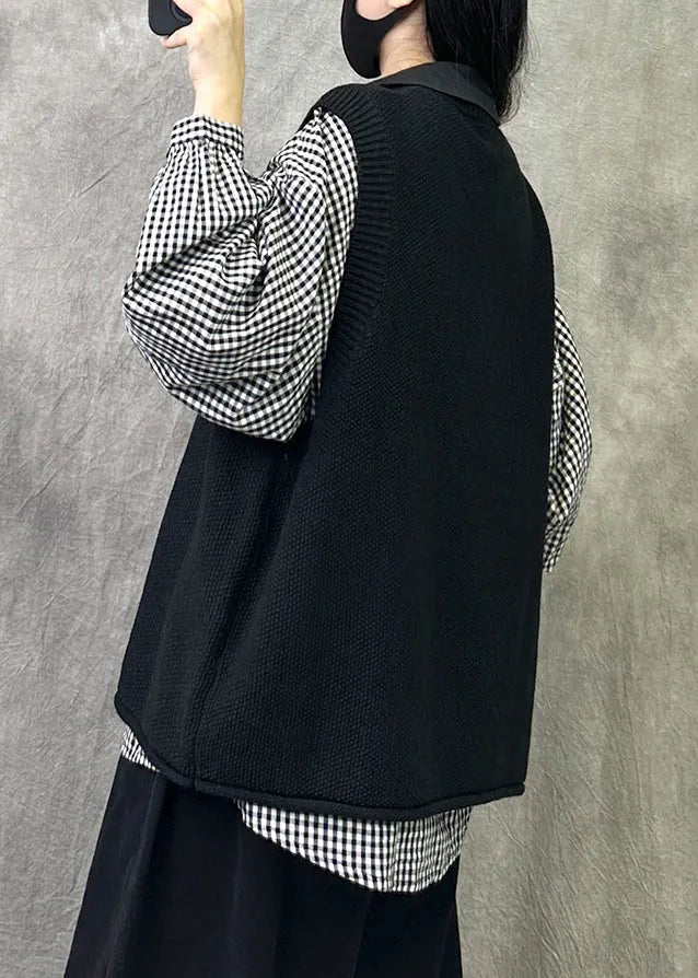 Loose Black O Neck Cozy Knit Waistcoat Sleeveless