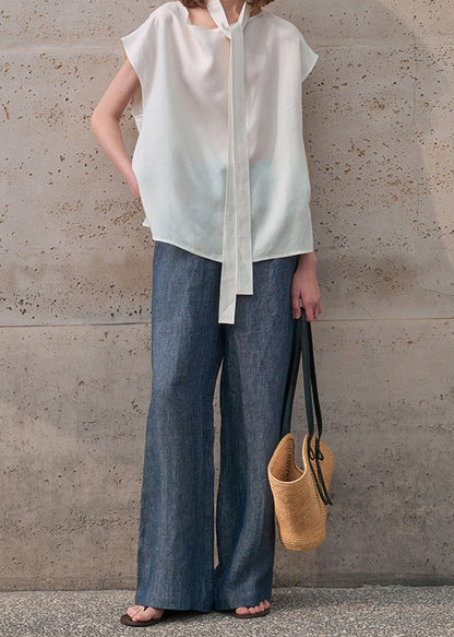 Blue Zippered Versatile Linen Wide Leg Pants Summer