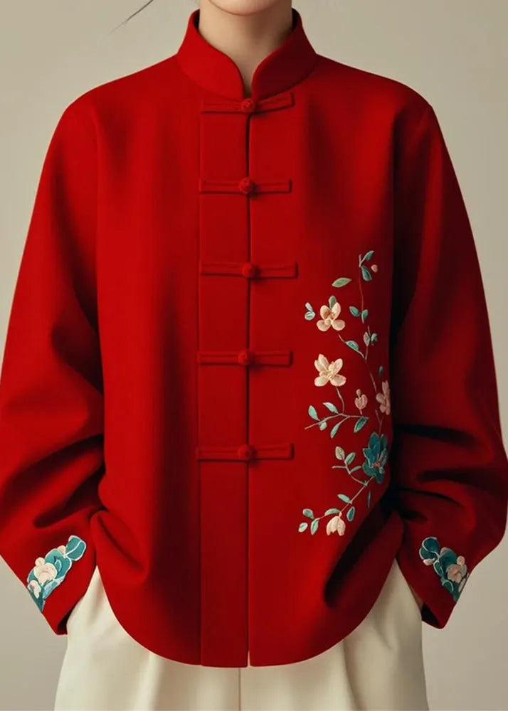 Red Stand Collar Print Cotton Coats Fall