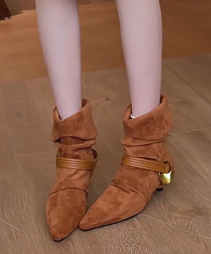 Brown Boots Suede Splicing Wrinkled Pointed Toe
