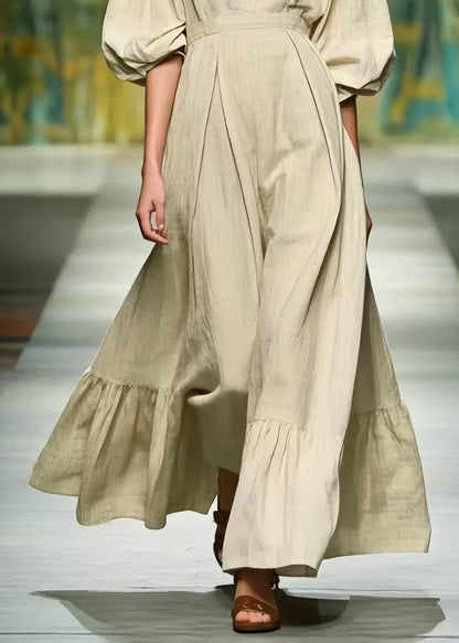 French Deep-v Neck Exra Large Hem Linen Long Dress Lantern Sleeve