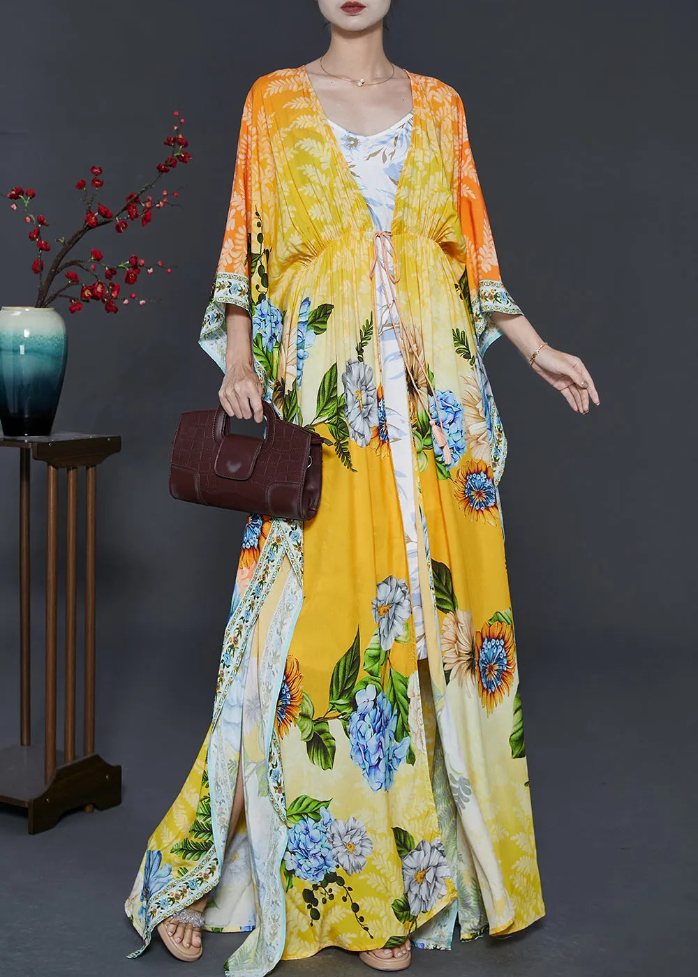 Yellow Tie Waist Print Chiffon Beach Dresses Fall