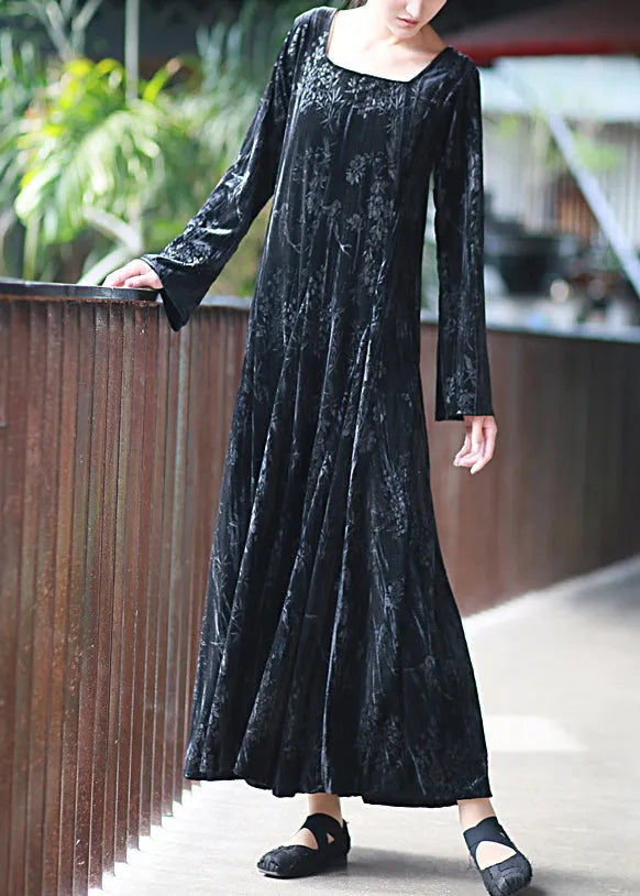 Black U Neck Print Velvet Long Dresses Fall