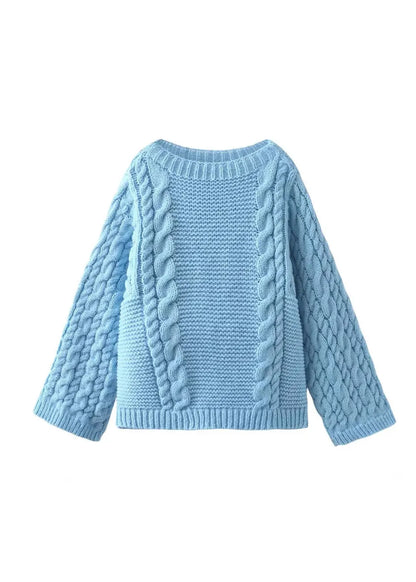 Khaki O Neck Knitted Sweaters Flare Sleeve
