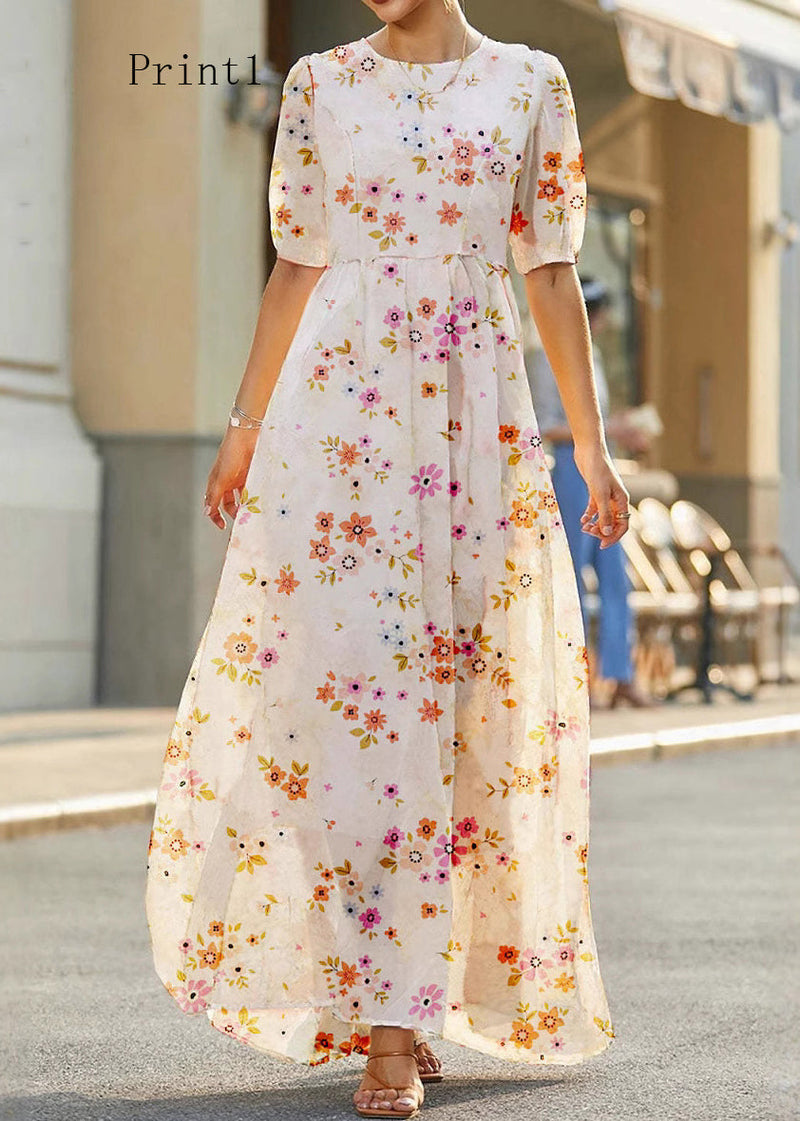 O Neck Print High Waist Cotton Long Dress Summer