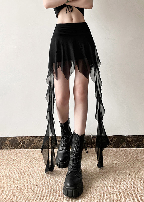 Slim Fit Black High Waist Tulle Patchwork Skirt