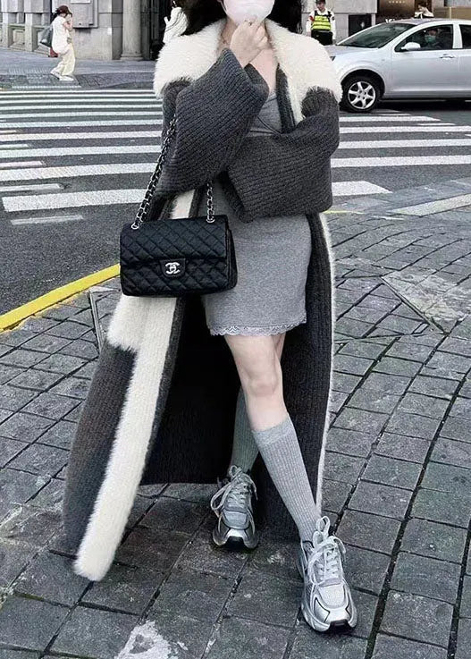 Fine Black Peter Pan Collar Pockets Patchwork Mink Hair Knitted Long Cardigan Winter