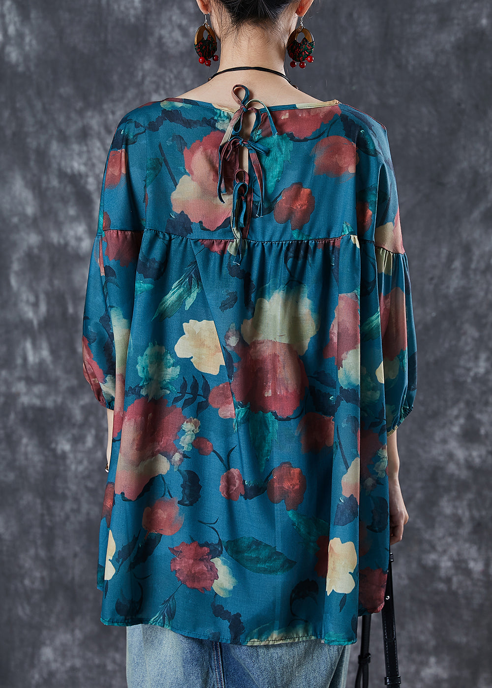 Blue Oversized Print Cotton Shirt Top Summer