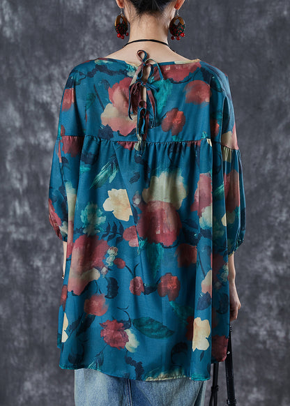 Blue Oversized Print Cotton Shirt Top Summer