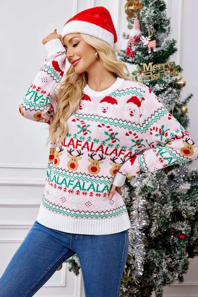 Loose Fit Crew Neck Christmas Cartoon Knit Sweater - Pink