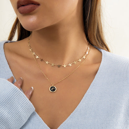 Geometric Metal Fine Chain Necklace Creative Star and Moon Drop Oil Pendant All-match Double Necklace