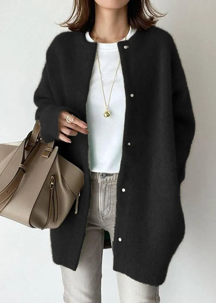 Loose Coffee O Neck Button Woolen Coat Spring