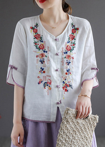 Modern White V Neck Embroidered Button Linen Shirt Half Sleeve