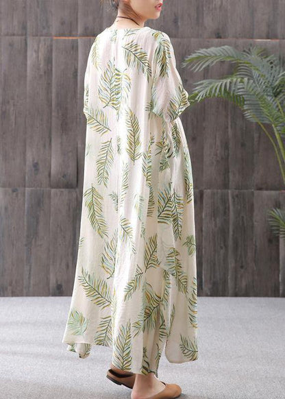 French Linen Clothes for Cotton Linen Print Round Neck Dress
