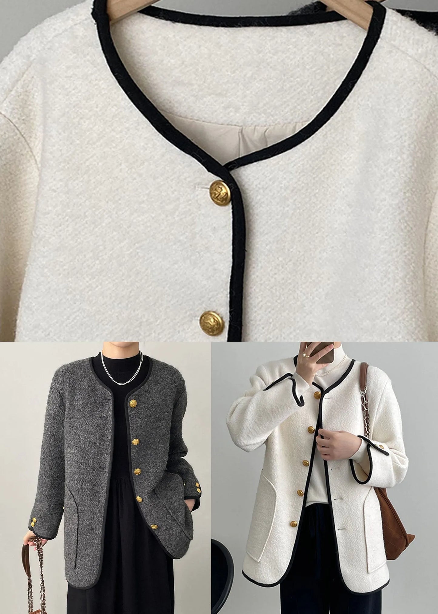 Grey O-neck Button Woolen Jackets Spring