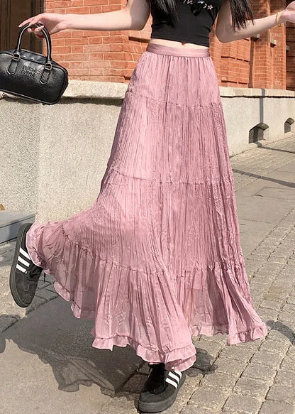 Pink Tulle Pleated Skirt Elastic Waist