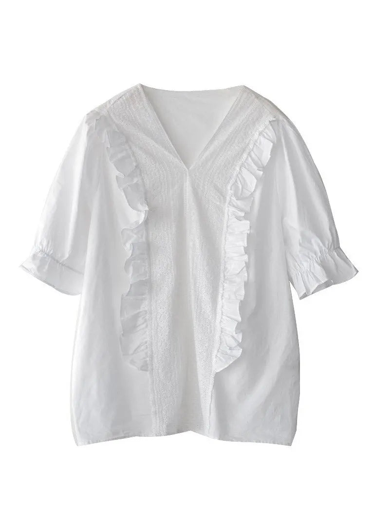 White V Neck Ruffled Linen T Shirt Half Sleeve