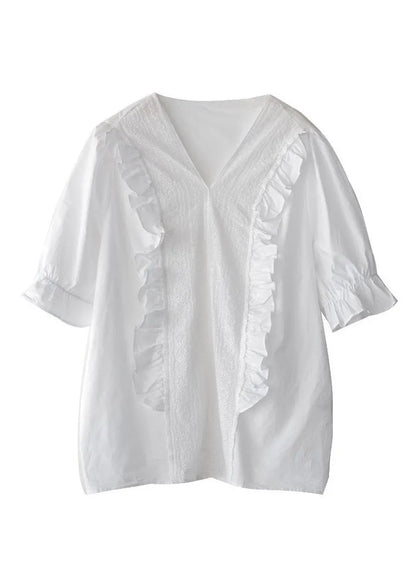 White V Neck Ruffled Linen T Shirt Half Sleeve