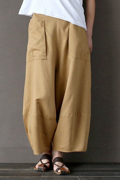 Khaki Loose Cotton Linen Ankle Length Pants Outfits