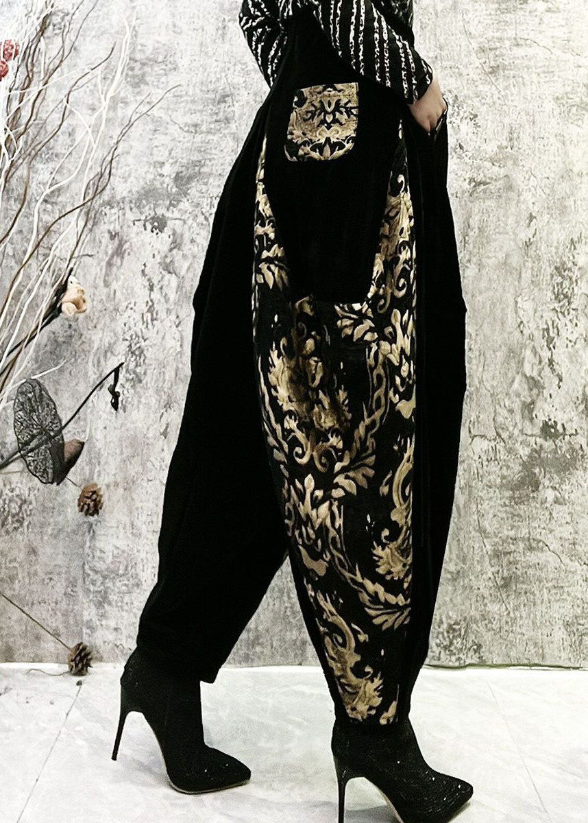 Black Embroidered Pockets Patchwork Corduroy Lantern Pants Spring