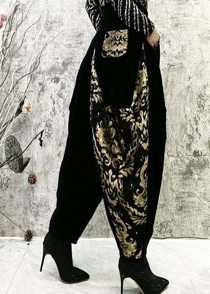 Black Embroidered Pockets Patchwork Corduroy Lantern Pants Spring