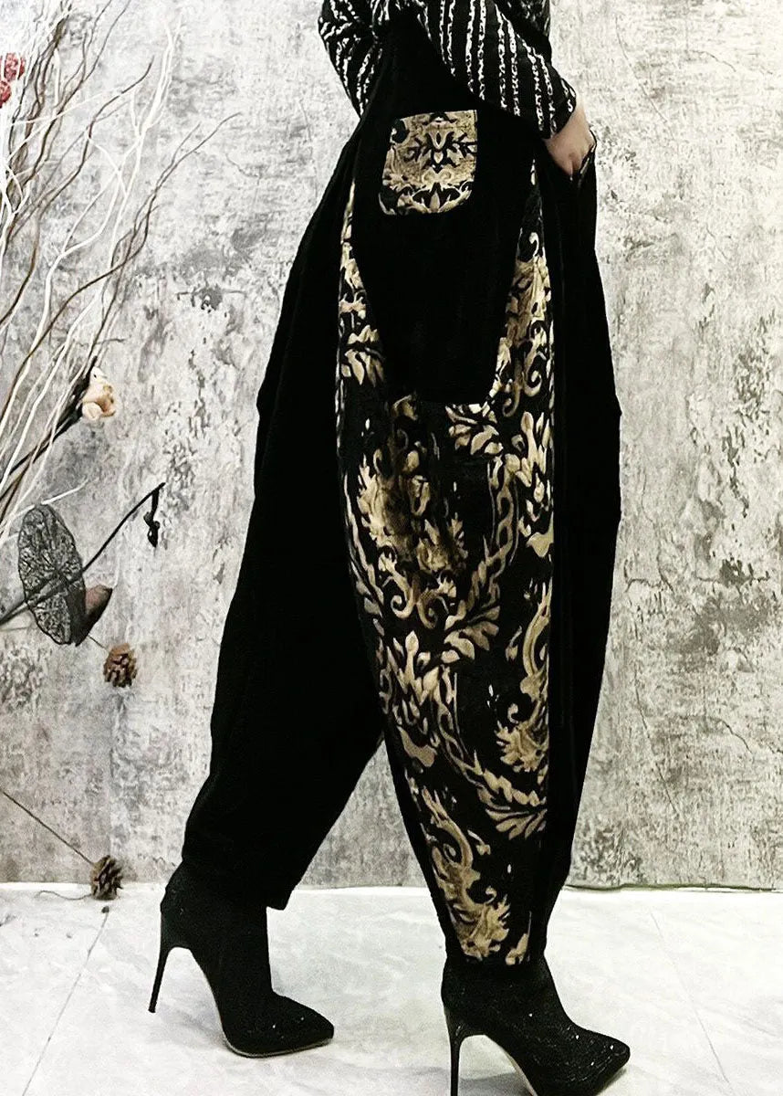 Black Embroidered Pockets Patchwork Corduroy Lantern Pants Spring