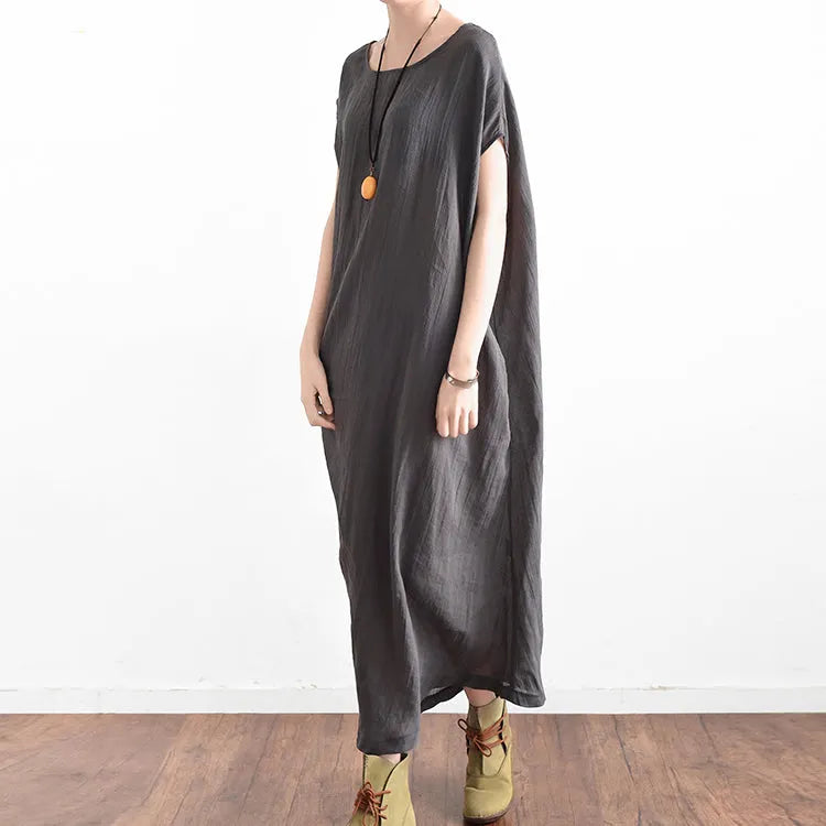 Gray Oversized Summer Linen Dresses Side Drape Asymmetrical Cotton