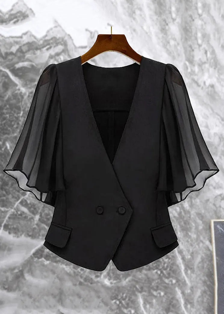 New Black V Neck Button Chiffon Patchwork Coat Butterfly Sleeve