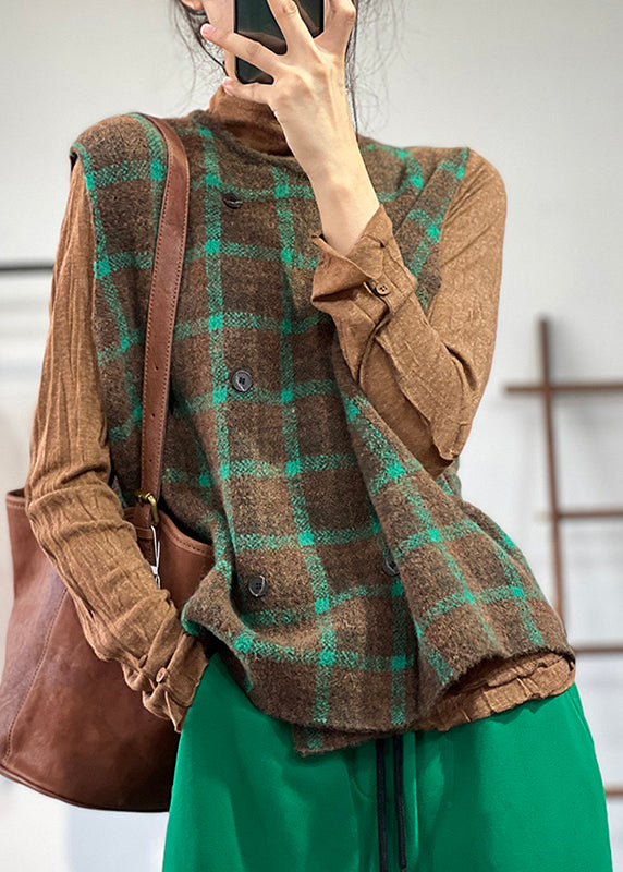 Loose Coffee Green O Neck Plaid Knit Vest Sleeveless