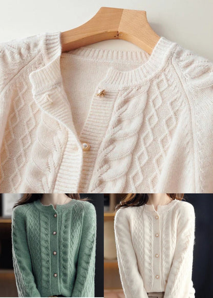 Green Warm Wool Cable Knit Cardigans O-neck Pearl Button Winter