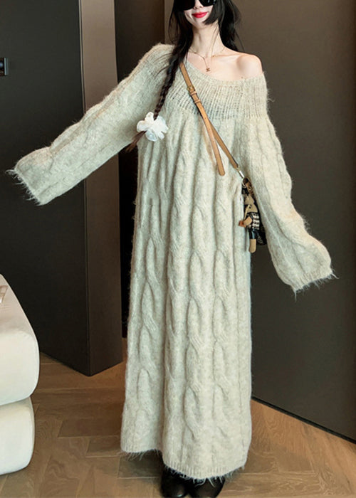 Original Khaki O Neck Hollow Out Knit Sweater Dress
