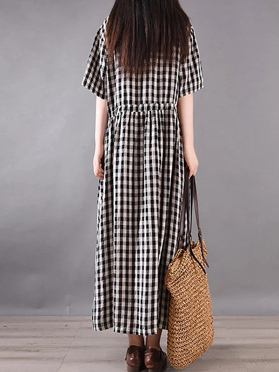 Summer Plaid Strap Linen Cotton Dress